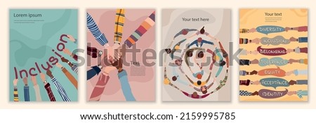 Diversity inclusion and equality concept. People of diverse cultures forming a circle. Group of multicultural men and women. Editable brochure template flyer leaflet cover poster. Hand up