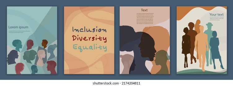 Diversity inclusion and equality concept. Silhouette people of diverse cultures.Group of multicultural and multiethnic men and women.Editable brochure template flyer leaflet cover poster