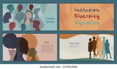 Diversity inclusion and equality concept. Silhouette people of diverse cultures.Group of multicultural and multiethnic men and women.Editable banner template flyer leaflet cover poster