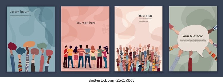 Diversity inclusion and equality concept.Group of people embraced viewed from behind. Raised hands. Hands holding speech bubble.Editable set brochure template flyer leaflet cover poster