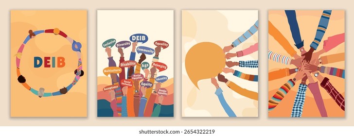 Diversity inclusion equality template with raised hands group teamwork unity people concept