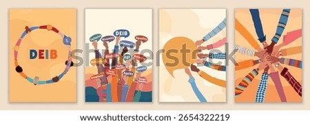 Diversity inclusion equality template with raised hands group teamwork unity people concept