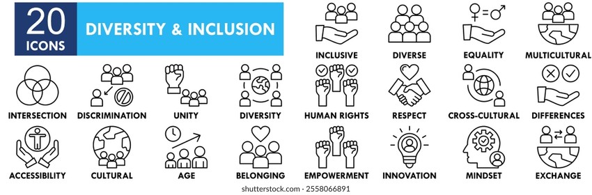 Diversity and inclusion icon collection set. containing design community, diversity, inclusion, business, together