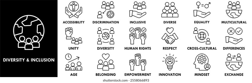 Diversity and inclusion icon collection set. containing design community, diversity, inclusion, business, together