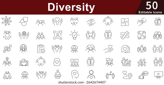 Diversity Inclusion Icon Set - 50 Editable Equality Community Icons for Workplace Diversity, Social Justice and Human Rights Vector Collection
