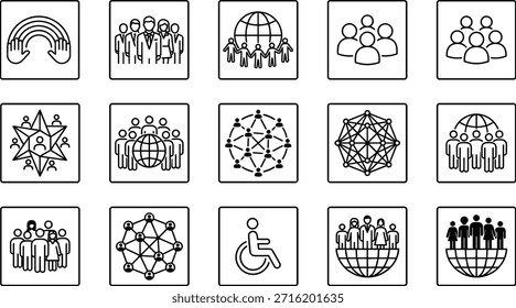 Diversidad e inclusión, Vector comunitario global, accesibilidad, trabajo en equipo, conexión, unidad, Asistencia, igualdad, cuidado, colaboración, gráfica editable, ilustraciones en línea negra, valores sociales, Elementos de diseño inclusivos