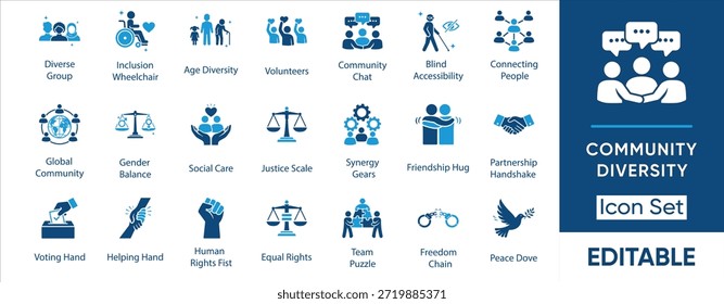 Symbolsatz für Vielfalt und Integration. Vektorgrafik der Symbole Menschenrechte, soziale Gleichheit, Einheit der Gemeinschaft, CSR und Zugänglichkeit.