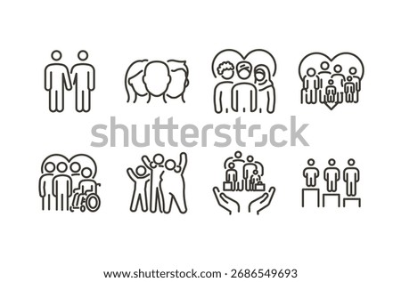 Diversity and inclusion icon set. Vector thin line illustration. Diversity, global community, multiple gender, cultural identities