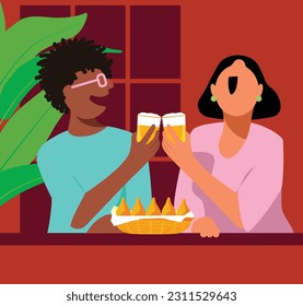 Diversity and inclusion - Joyful Couple: Black Man and White Woman Playfully Enjoying Beer and Snacks