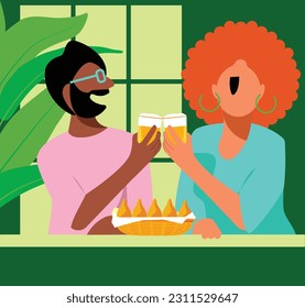 Diversity and inclusion - Joyful Couple: Black Man and White Woman Delightfully Enjoying Beer and Snacks
