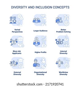 Diversity and inclusion light blue concept icons set. Varied perspectives idea thin line color illustrations. Isolated symbols. Editable stroke. Roboto-Medium, Myriad Pro-Bold fonts used