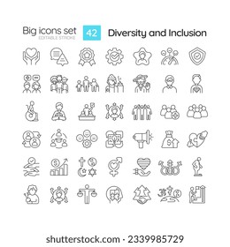 Diversity and inclusion linear icons set. Equal opportunity. Unconscious bias. Anti discrimination. Customizable thin line symbols. Isolated vector outline illustrations. Editable stroke