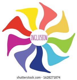 Diversity and inclusion logo with bright colours. different colors unite like flower petals. In the middle there is a white centre with hand lettering Inclusion. access concept. Vector illustration
