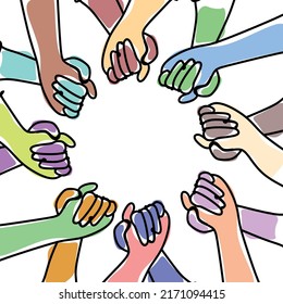 Diversity and inclusion logo. Multinational hands hold each other and form a circle. Inclusive illustration for web, print, t-shirt, textile, background, postcard. One line abstract illustration