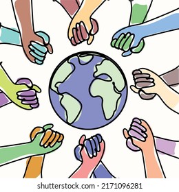 Diversity and inclusion logo. Multinational hands hold each other and form a circle around the globe. Inclusive illustration for web, print, textile, background, postcard. Abstract illustration