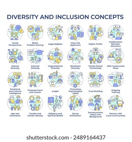 Diversity and inclusion multi color concept icons. Gender identity and equality. Social inclusion. Everyone matters. Icon pack. Vector images. Round shape illustrations. Abstract idea