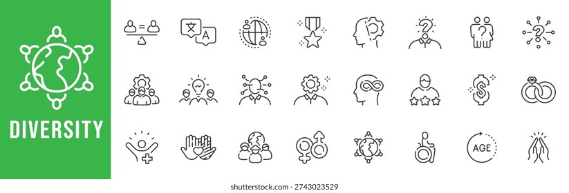Diversity inclusion outline icon set featuring equality, translation, multicultural teams, accessibility, gender, age, collaboration, global community, editable stroke line vector