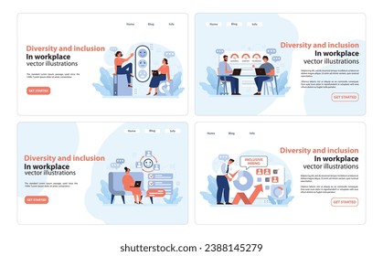 Diversity and inclusion set. Modern workplaces embracing differences. Employees collaborate harmoniously, tech-driven interaction, inclusive hiring practices. Flat vector illustration