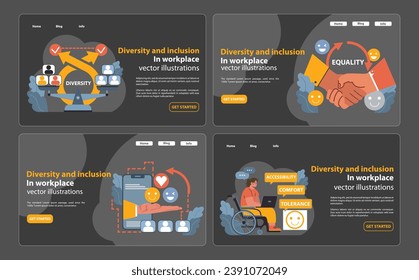 Diversity and inclusion set. Promoting unity in the workplace. Integration of different backgrounds, ensuring equality, and providing accessibility for all. Embracing all abilities and talents. vector