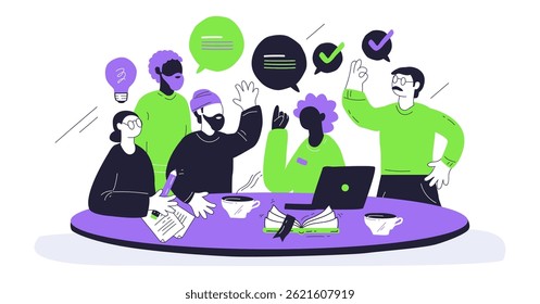Diversity and inclusion are shown through diverse characters collaborating around a table with speech bubbles. Playful style