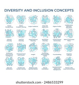 Diversity and inclusion soft blue concept icons. Gender identity and equality. Social inclusion. Everyone matters. Icon pack. Vector images. Round shape illustrations. Abstract idea