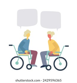 Diversity and Inclusion: two older women with physical disabilities socialize in wheelchair. Vector illustration