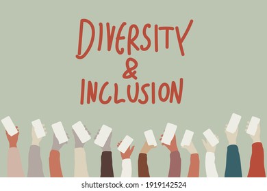 Diversity and inclusion vector illustration. Hands holding smartphones. Inclusive, online empathy, equality, support, education, solidarity. EPS 10.