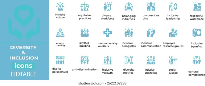 Diversity And inclusion vector set - equality icons, multicultural figures, and teamwork symbols for inclusive branding and HR materials.