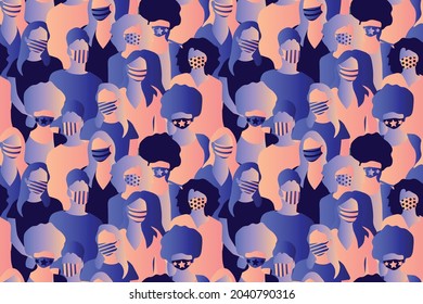 Diversity and inclusion. Women crowd wearing medical masks abstract seamless pattern. Repetitive abstract vector illustration of women crowd. Stylish medical mask, women crowd, Freedom. EPS10.