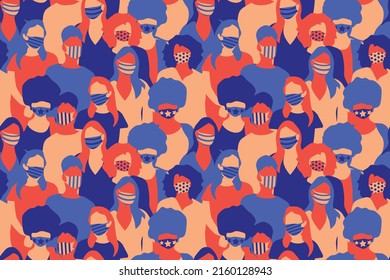 Diversity and inclusion. Women crowd wearing medical masks abstract seamless pattern. Repetitive abstract vector illustration of women crowd. Stylish medical mask, women crowd, Freedom. EPS10.