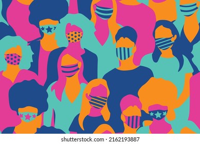 Diversity and inclusion. Women crowd wearing medical masks abstract seamless pattern. Repetitive abstract vector illustration of women crowd. Stylish medical mask, women crowd, Freedom. EPS10.