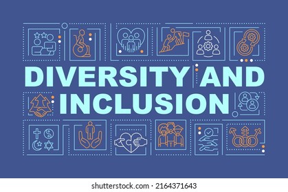 Diversity and inclusion word concepts dark blue banner. Infographics with editable icons on color background. Isolated typography. Vector illustration with text. Arial-Black font used