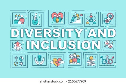 Banner turquesa de conceptos de palabra de diversidad e inclusión. Infografía con iconos editables en el fondo del color. Tipografía aislada. Ilustración vectorial con texto. Fuente Arial-Black utilizada