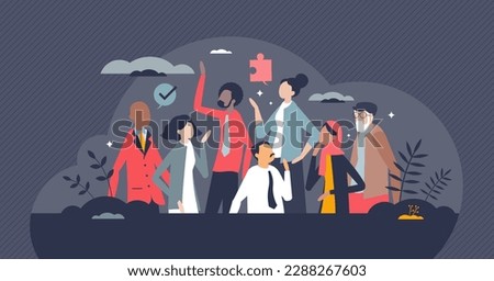 Diversity and inclusion in workplace with acceptance and integration tiny person concept. Colleagues from various age, racial, ethnic and cultural society groups vector illustration. Team Equality.
