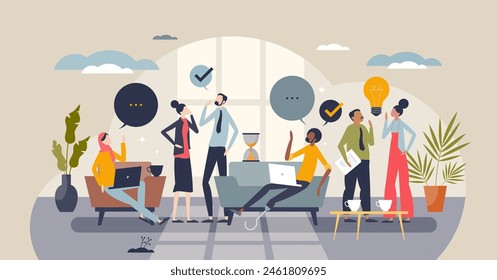 Diversity and inclusion in workplace with acceptance tiny person concept. Business environment with ethnical, gender, racial and individualities vector illustration. Social responsible work company.