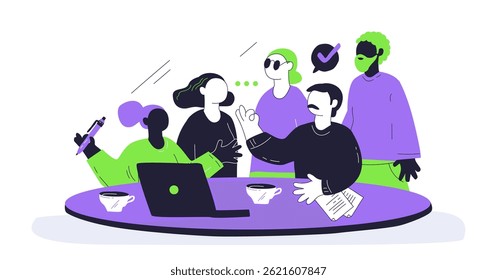 Diversity and inclusion in the workplace is depicted with diverse characters collaborating around a table. Key objects, laptop, coffee cups. Playful style.