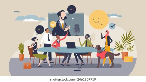 Diversity and inclusion in workplace with work employees tiny person concept. Different individuality, genders, personality, style and ethnic members in office vector illustration. Interaction scene.