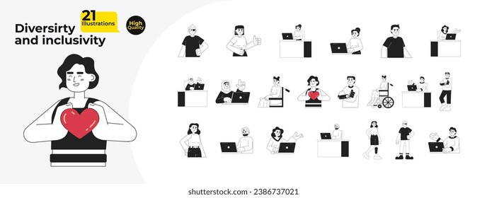 Diversity inclusivity people black and white cartoon flat illustration bundle. Diverse employee laptop linear 2D characters isolated. Office workers disabilities monochromatic vector image collection