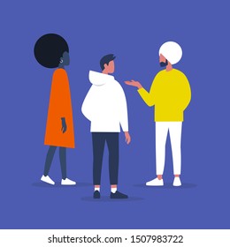 Diversity. International community. Indian, african and caucasian character. A group of young adults. Lifestyle. Flat editable vector illustration, clip art