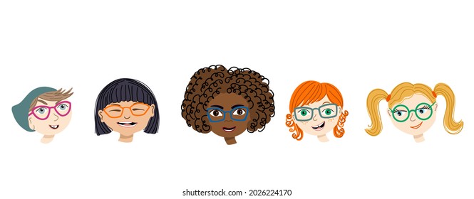 Diversity kid faces. Set of different boys and girls wearing glasses isolated on white. Vector illustrations of children portraits with different hair and skin colors.