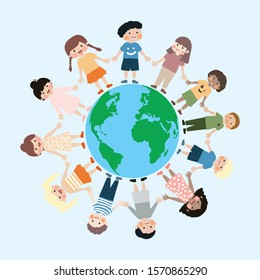 Diversity Kid Holding Hand Circling Around Earth