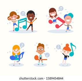 Diversity kids cartoon playing with music notes. Children with musical concept illustration in flat design style.
