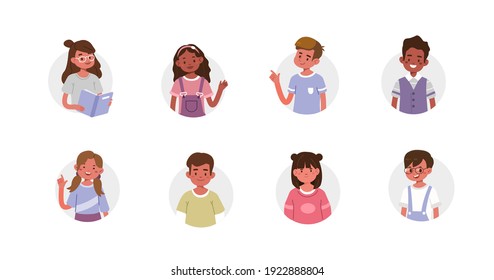 Diversity Kids Characters Avatars. Different Nationalities Happy Boys and Girls in casual Clothes Smiling.  Children Portraits.  Flat Isometric Vector Illustration and Icons Set.