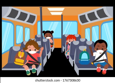 Diversity Kids Wearing Face Mask And Keep Social Distancing On School Bus. Back To School And New Normal Concept. Flat Vector Illustration.