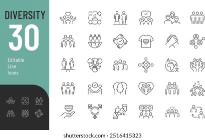 Diversity Line Editable Icons set. Vector illustration in thin line modern style of society related icons: oneness, people, equality, and more. Isolated on white