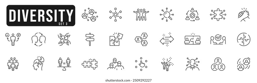 Linha de diversidade ícone pictograma conjunto 3. Variedade, igualdade, aceitação, diferença etc. Traçado editável