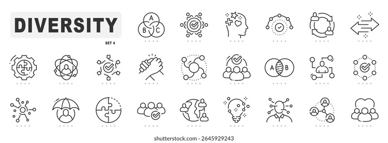 Diversity line icon pictogram set. Variety, equality, acceptance, difference etc. Editable stroke