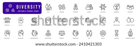 Diversity line icon pictogram set illustration. Age, gender, racial, disability, ethnicity, personal, physical, mental, etc.