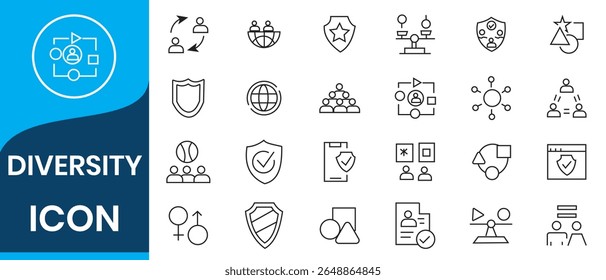 Diversity line icon set. Containing equality, culture, languages, tolerance, difference, belonging, human rights and ethnicity icons. line icon collection. Vector illustration.