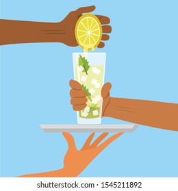 diversity male hands. lemon squeeze on glass